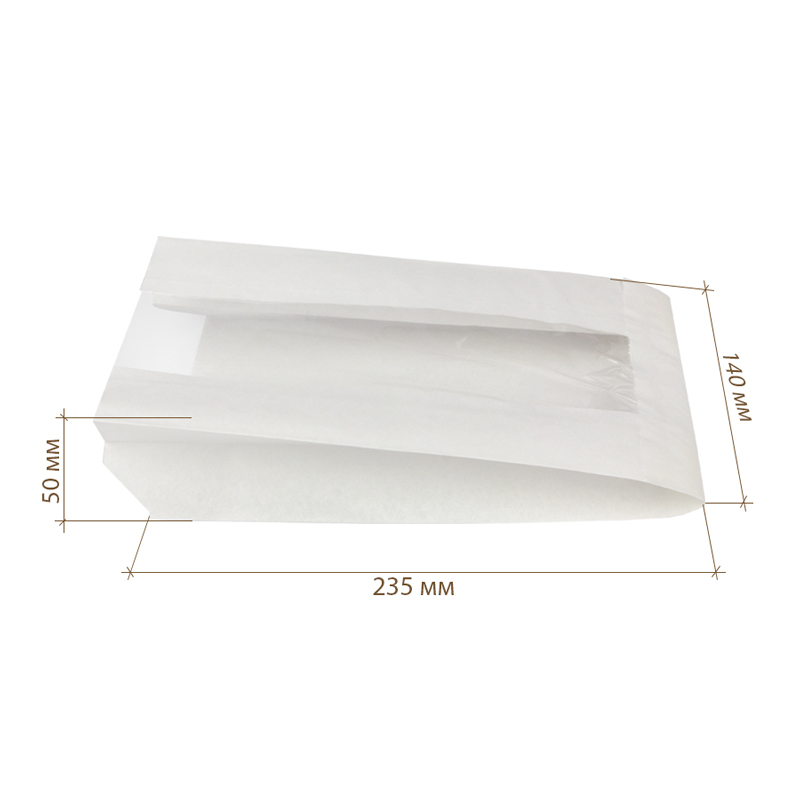 товар Бумажный крафт пакет с плоским дном и окном, белый, 140(окно-50)*50*235 мм V2-1025