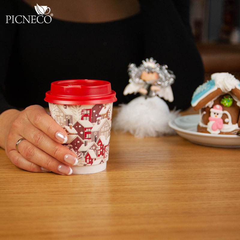 товар Бумажный зимний стакан с рисунком "Домики" 250 мл, двухслойный STD225D
