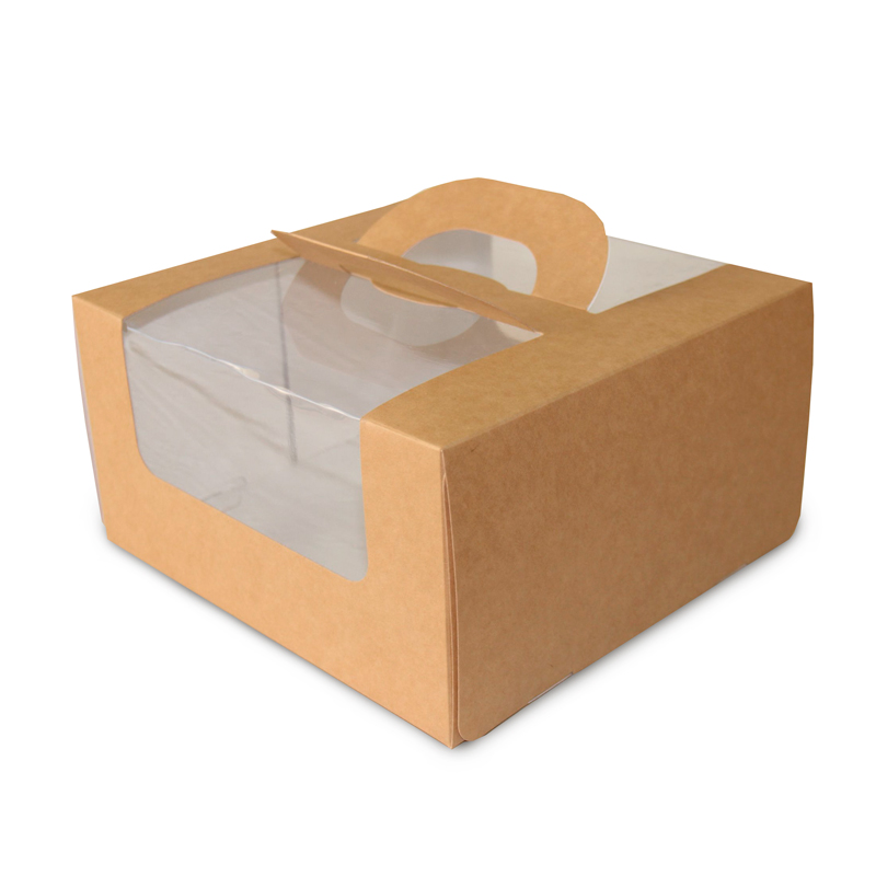 Коробка под торт с окном, крафт, 250*250*160 мм, Евро с ручками