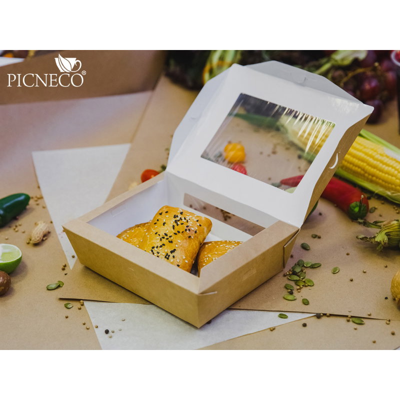 товар Контейнер бумажный, совмещенная крышка с окном, 1000мл, 190*150*50 мм, крафт BK010