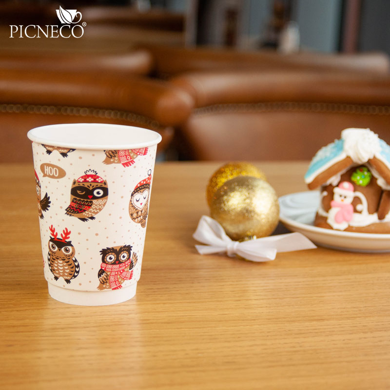 товар Бумажный новогодний стакан с рисунком "Совушка" 350 мл, двухслойный STD325S