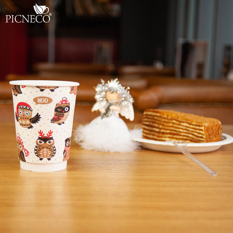 товар Бумажный новогодний стакан с рисунком "Совушка" 350 мл, двухслойный STD325S