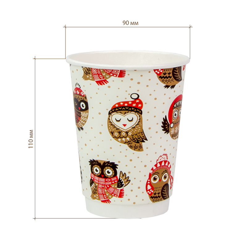 товар Бумажный новогодний стакан с рисунком "Совушка" 350 мл, двухслойный STD325S