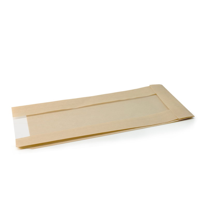 Бумажный крафт пакет с плоским дном и окном, бежевый, 110(окно-50)*40*260 мм