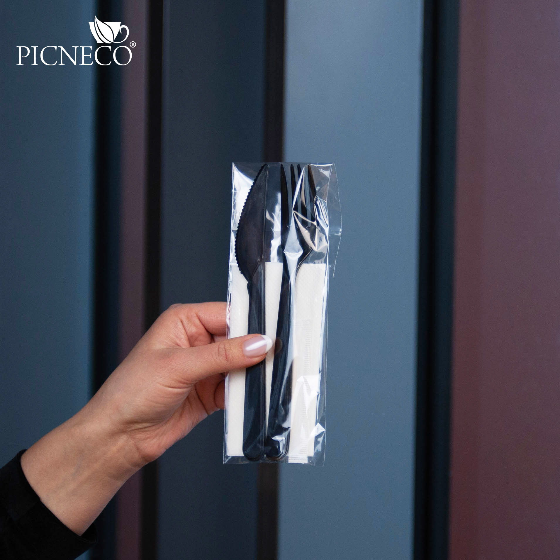 товар Набор черных приборов в инд. упаковке (нож, вилка, салфетка, зубочистка) RU202203C