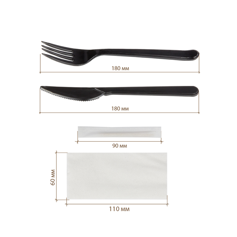 товар Набор черных приборов в инд. упаковке (нож, вилка, салфетка, зубочистка) RU202203C