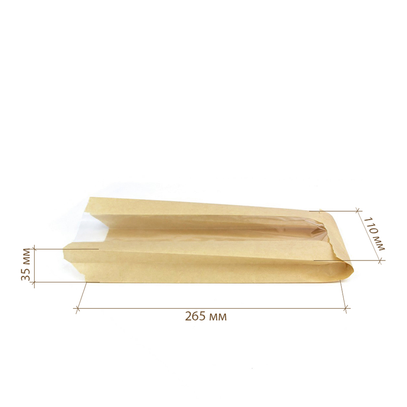 товар Бумажный крафт пакет с плоским дном и окном, влагостойкий, бежевый, 110(окно-45)*35*265 мм V2-1029