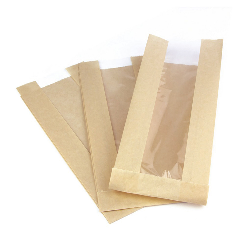 товар Бумажный крафт пакет с плоским дном и окном, влагостойкий, бежевый, 110(окно-45)*35*265 мм V2-1029