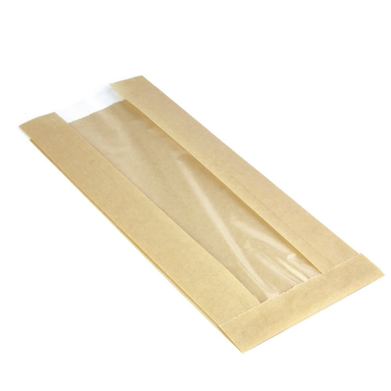 товар Бумажный крафт пакет с плоским дном и окном, влагостойкий, бежевый, 110(окно-45)*35*265 мм V2-1029