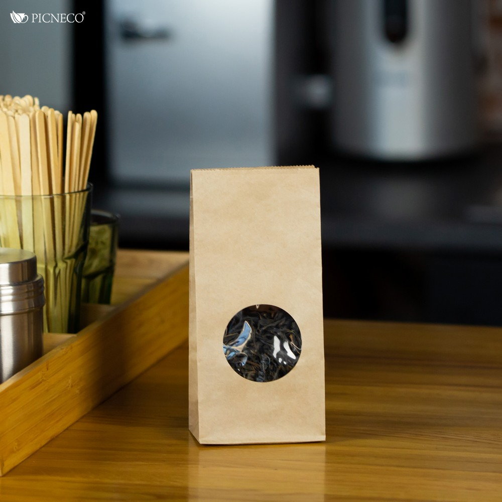 товар Крафт пакет с окном 50 мм, ламинированный, прямоугольное дно, 80*50*170 мм KPRL08