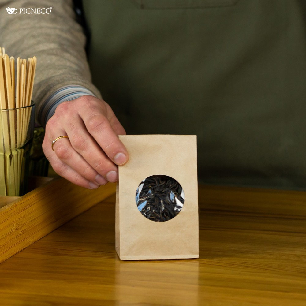 товар Крафт пакет с окном 50 мм, ламинированный, прямоугольное дно, 80*50*170 мм KPRL08