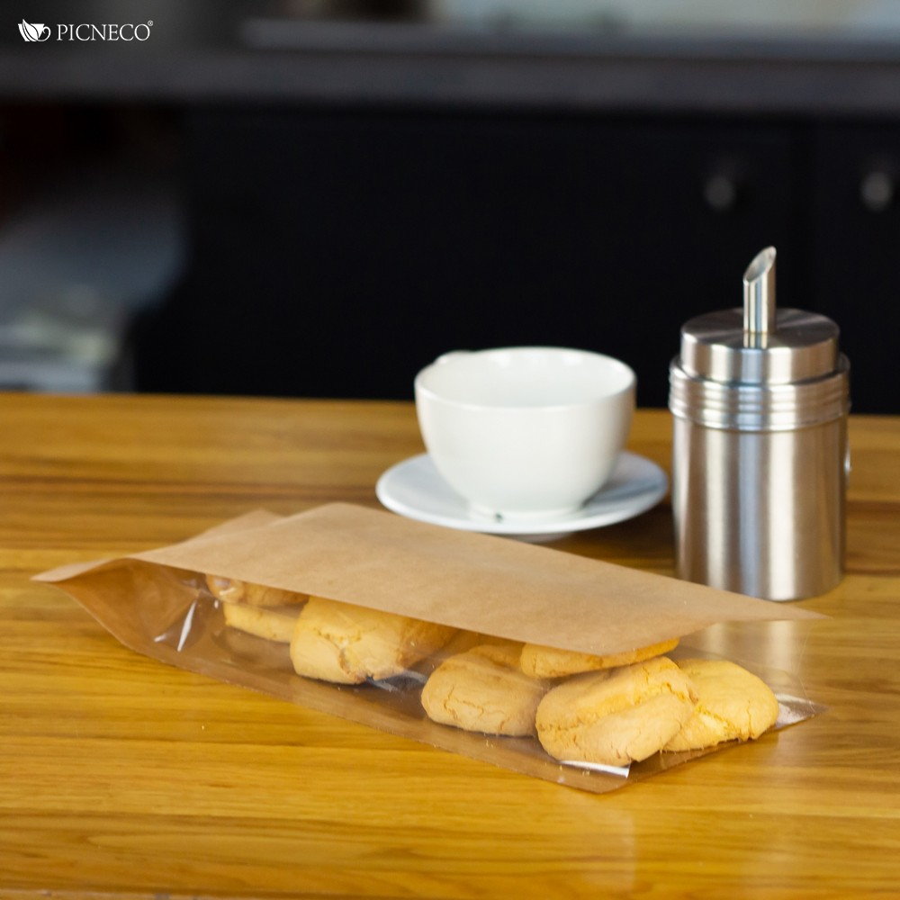 товар Бумажный плоский крафт пакет с прозрачными боковыми стенками, пятишовный, 130*70*310 мм KPO130Kr