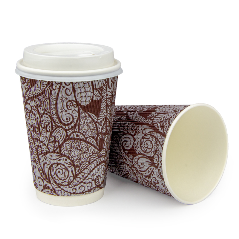 товар Бумажный гофрированный стакан, бордовый с рисунком, 400 мл (макс. 450 мл) STG145Bor