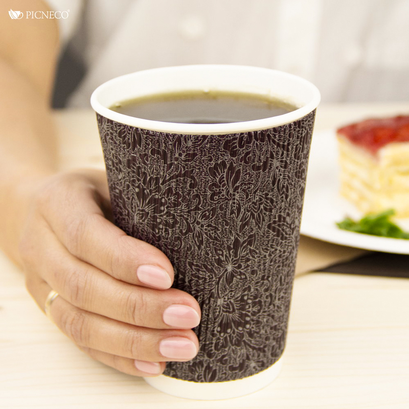 товар Бумажный гофрированный стакан, бордовый с рисунком, 400 мл (макс. 450 мл) STG145Bor