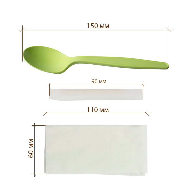 товар Набор приборов в инд. упаковке (ложка, салфетка, зубочистка), зеленые биоразлагаемые RU01Z