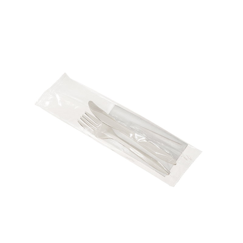 Набор приборов в инд. упаковке (нож белый, вилка и ложка бежевые, салфетка, зубочистка) биоразлагаемые