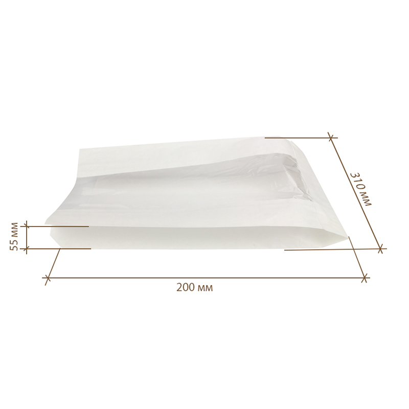 товар Бумажный пакет с плоским дном, 200(окно-100)*55*310 мм, белый V2-1027