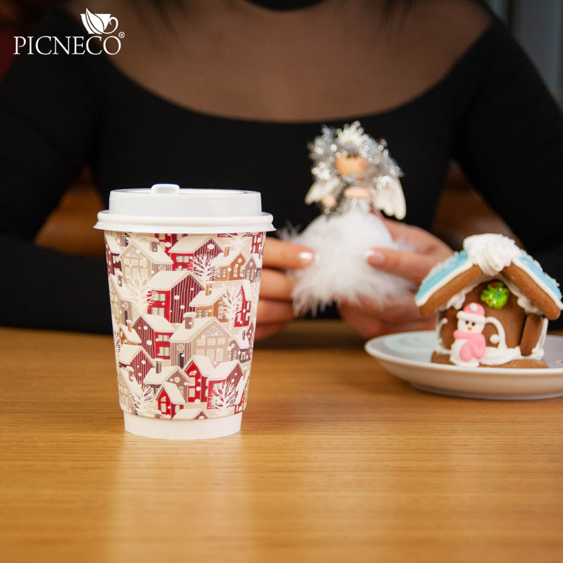 товар Бумажный зимний стакан с рисунком "Домики" 350 мл, двухслойный STD325D