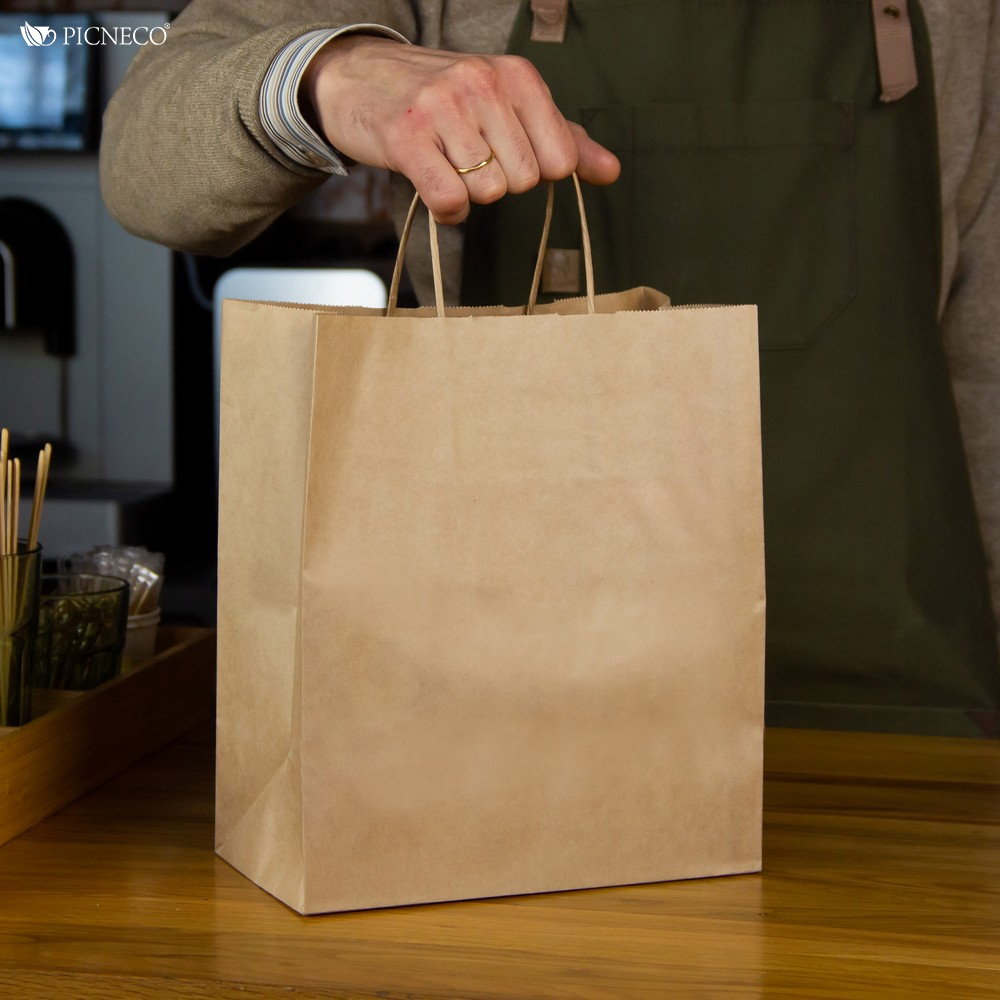 товар Бумажный крафт пакет с кручеными ручками, 240*140*280 мм, 70 г/м2 KPK024