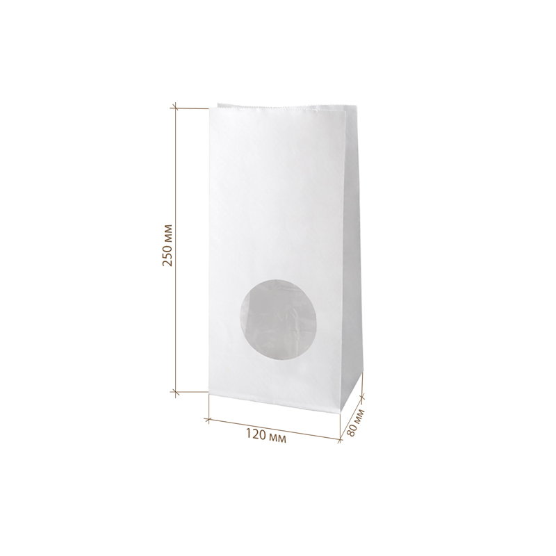 Бумажный крафт пакет с круглым окном, белый, ламинированный, 120(окно-70)*80*250 мм