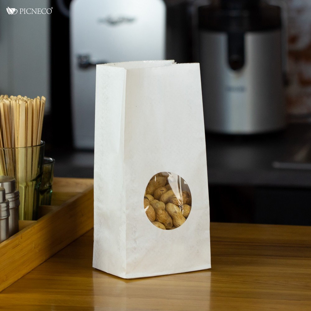 товар Бумажный крафт пакет с круглым окном, белый, ламинированный, 120(окно-70)*80*250 мм BPRL012