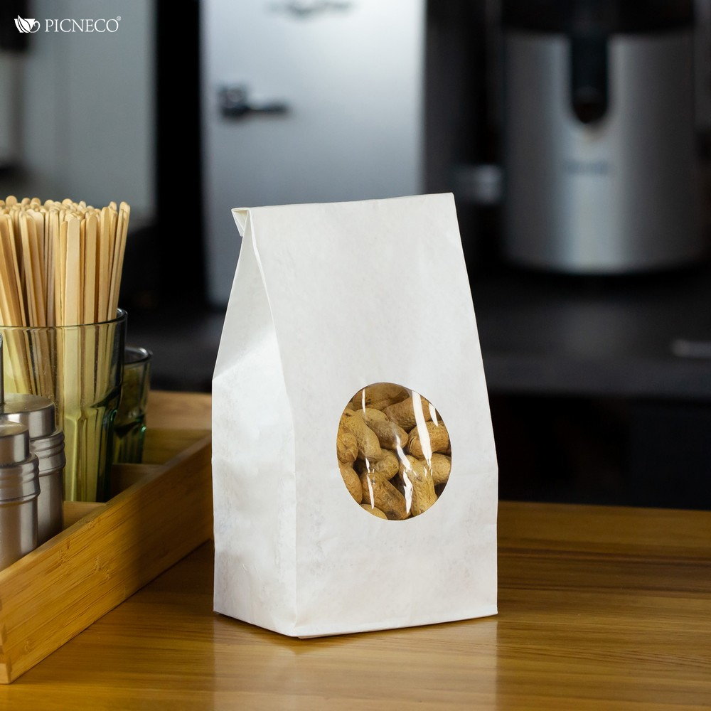 товар Бумажный крафт пакет с круглым окном, белый, ламинированный, 120(окно-70)*80*250 мм BPRL012