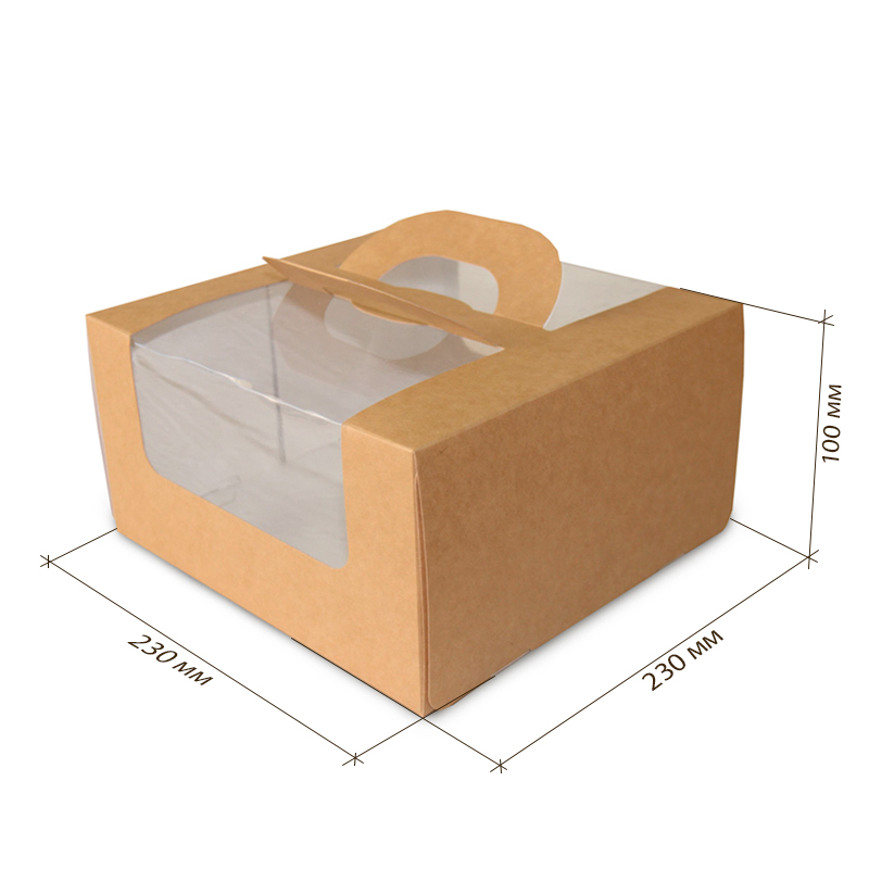 товар Коробка под торт с окном, крафт, 230*230*100 мм, Евро с ручками BK386