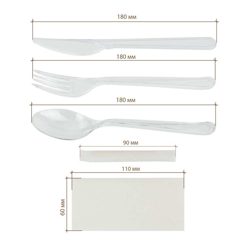 товар Набор прозрачных приборов в инд. упаковке (нож, вилка, ложка, салфетка, зубочистка) V1-1003