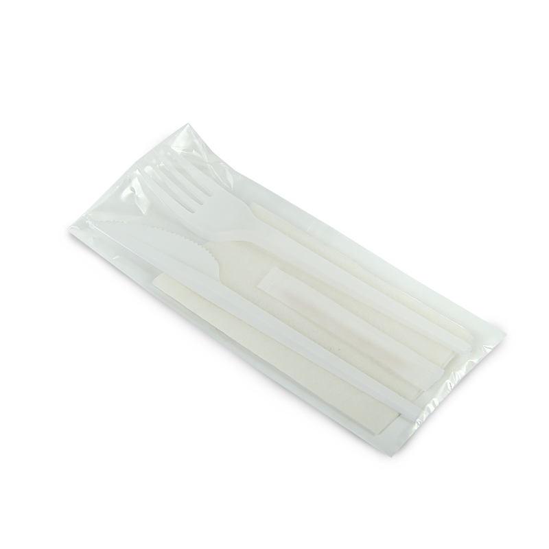Набор белых приборов в инд. упаковке (нож, вилка, салфетка, зубочистка)