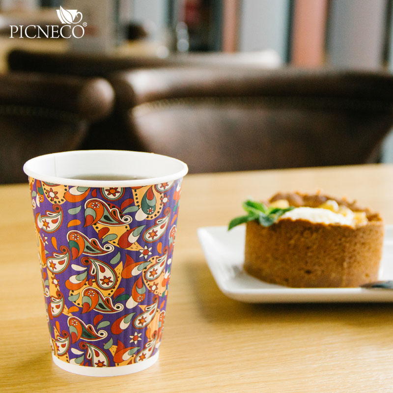 товар Бумажный рифленый двухслойный стакан с принтом "Пэйсли", 360 мл (макс. 420 мл) STG235P