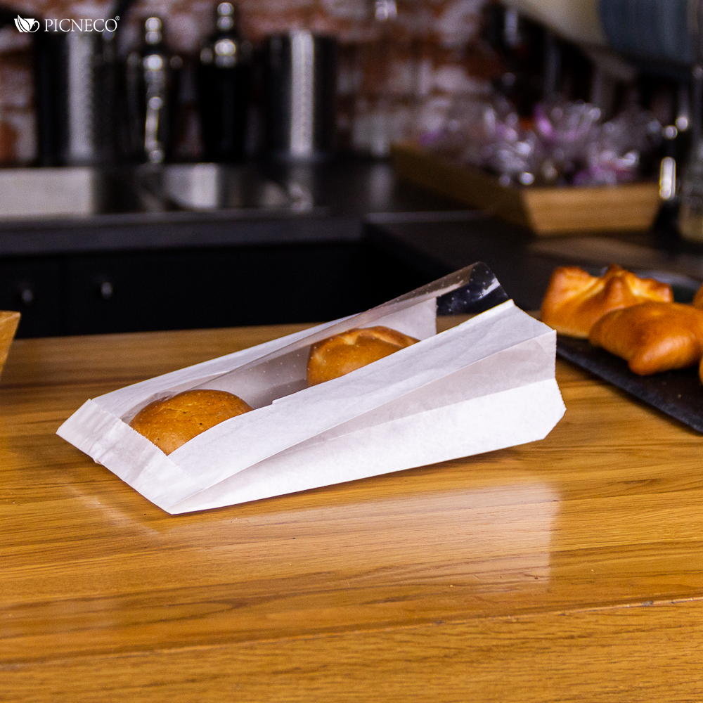 товар Бумажный крафт пакет с плоским дном и окном, белый, 140(окно-60)*60*250 мм KPO014