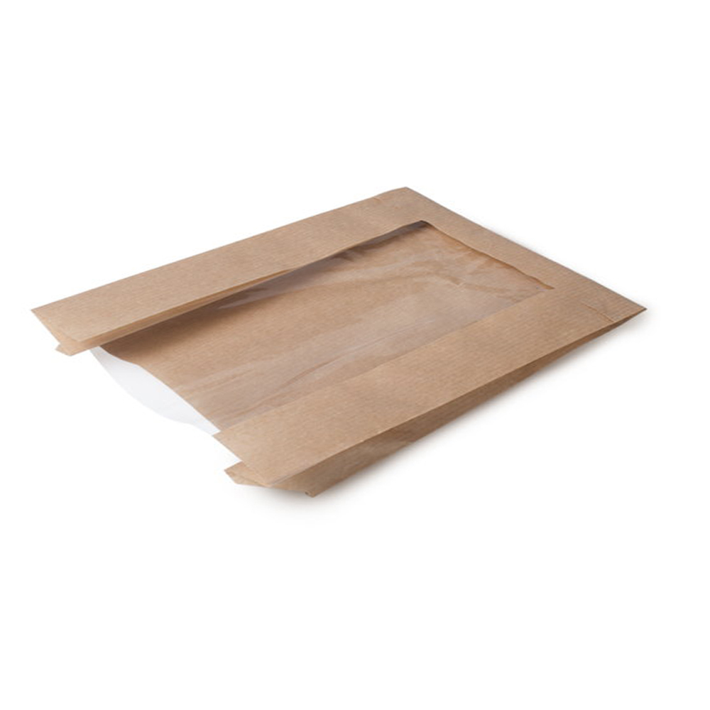 Бумажный крафт пакет с плоским дном и окном 170(130)*70*290